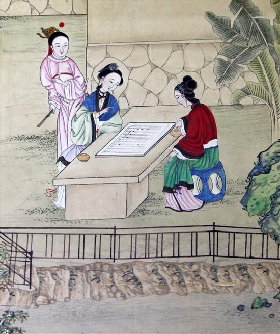 A Chinese painting of ladies playing weiqi in a garden, late 19th / early 20th century, 29.5 x 25cm, framed and glazed